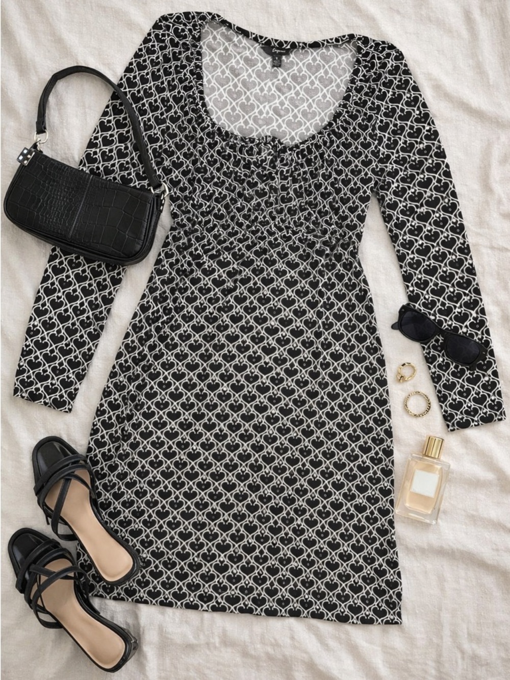 Express Y2K Black White Babydoll Mini Dress Long Sleeve Size S